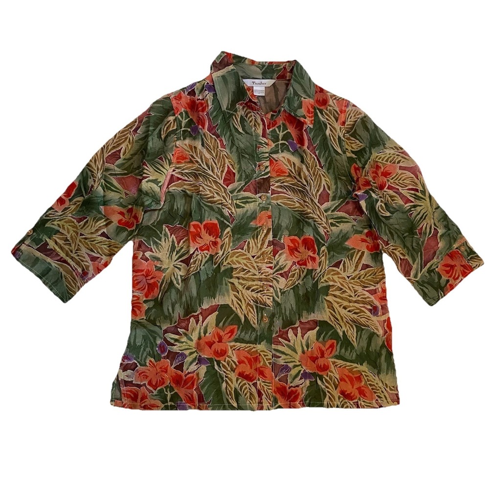 TanJay Blouse Cardigan Size 8 Floral 3/4 Sleeve Career Sheer Top‎ Button Down